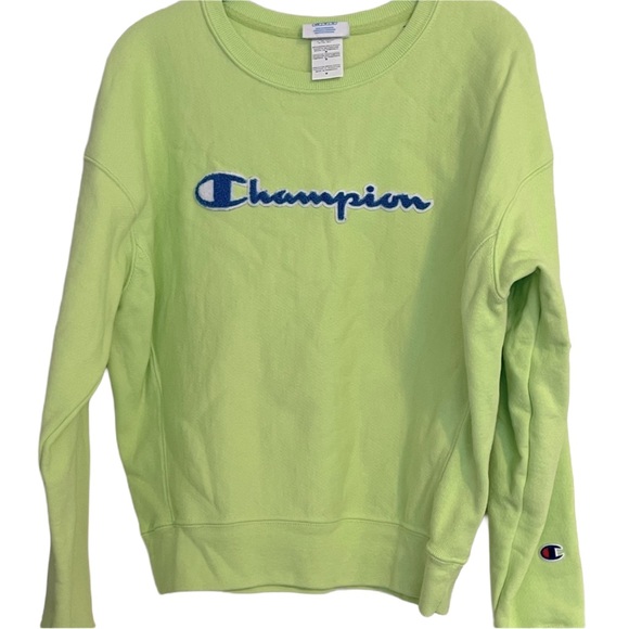 Champion Tops - Champion Women’s Neon Green Crewneck Sweatshirt with Blue Logo Size Medium